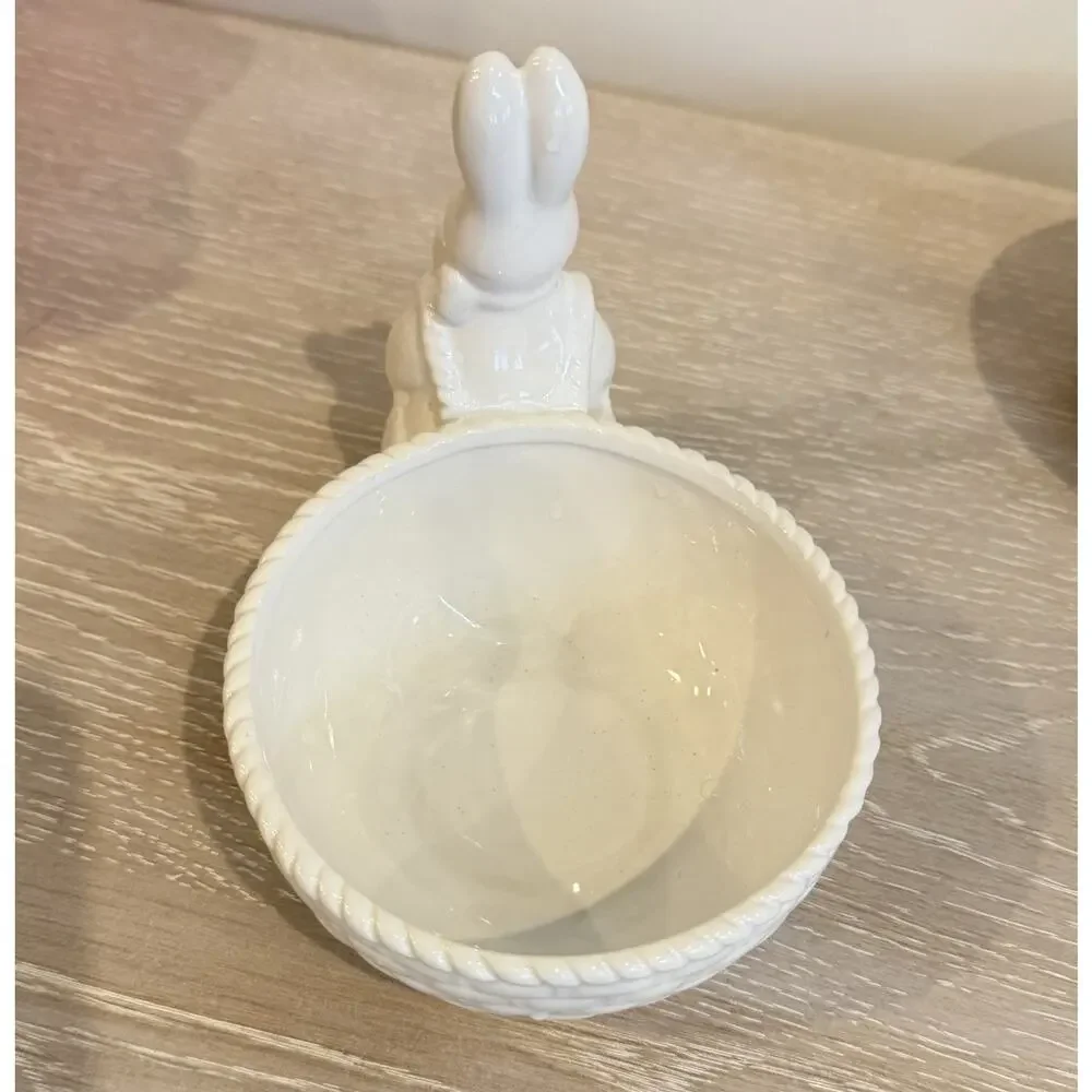 White Ceramic Bunny Bowl‎ Easter Farmhouse Candy Trinket Dish Happy Easter NWOT